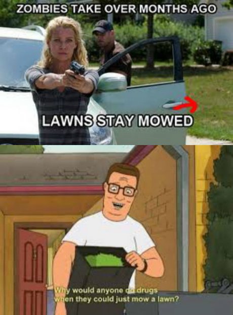 Hank Hill zombie lawn service