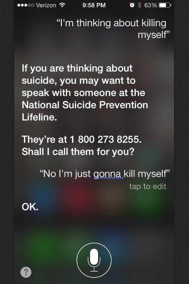 Siri tries to help stop Suicide