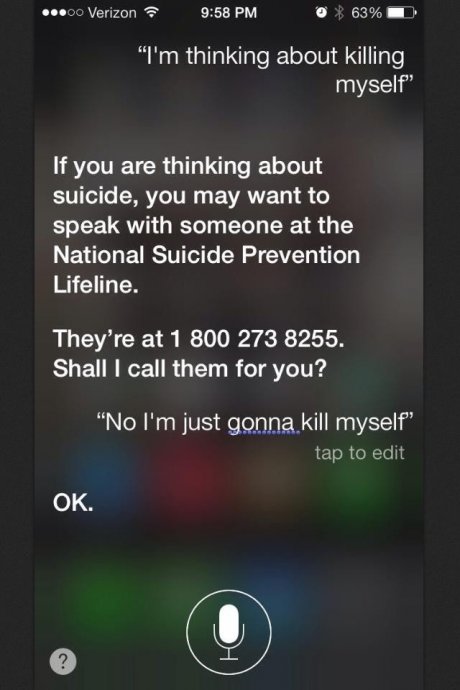 Siri tries to help stop Suicide