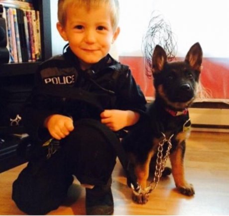 little boy and his puppy in training