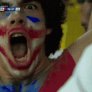USA fan cheering for the camera after the game winning goal