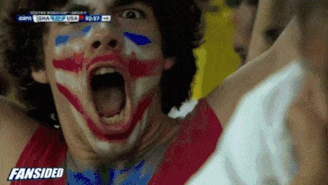 USA fan cheering for the camera after the game winning goal